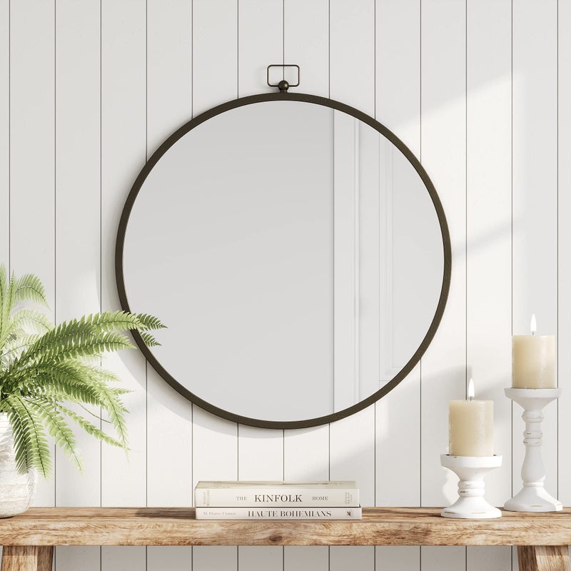 Barnyard Designs 24 Inch Round Bathroom Vanity Wall Mirror with Keyhole Hanger, Circle Metal Frame for Bedroom or Desk, Iron Metal Grey (24", Round) - Image 1